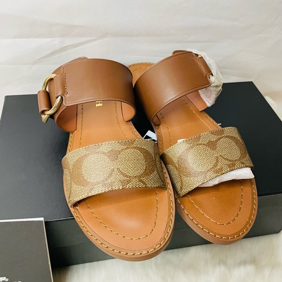 New women Coach Hallie Signature Sandals Khaki leather size 5.5 - Picture 5 of 10